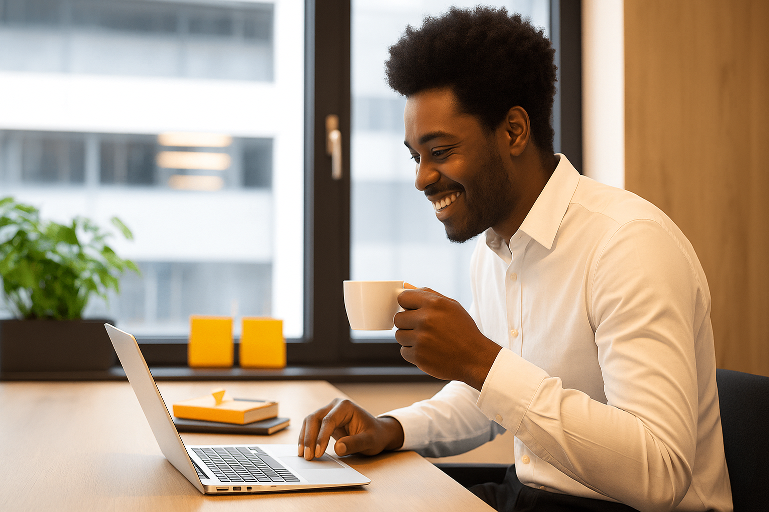 image of a black guy holding a tea cup pressing his computer